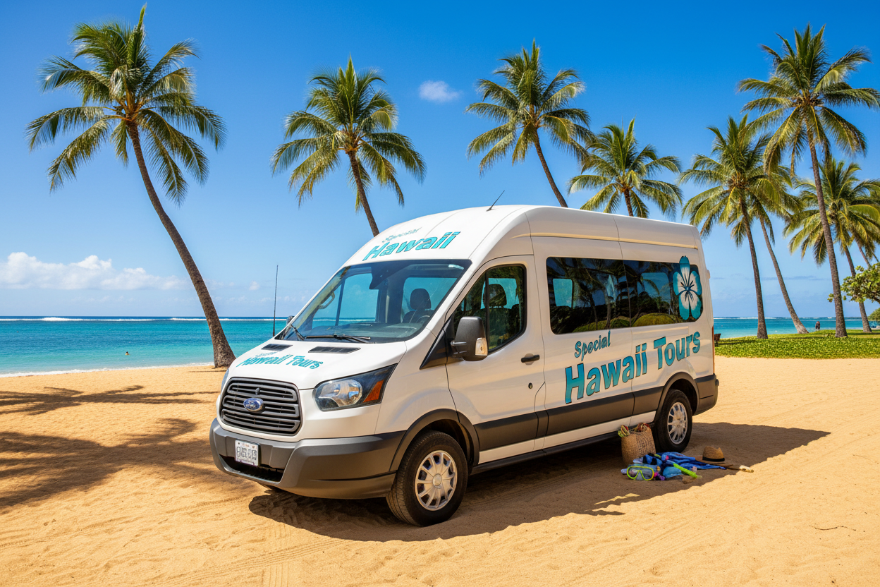Special Hawaii Tours ford transit beach backdrop